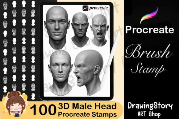 100 Procreate 3D Heads Stamp Brushes for Digital Artists