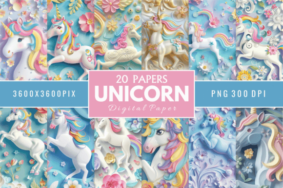 3D Unicorn Digital Paper Bundle: Magical Craft Collection