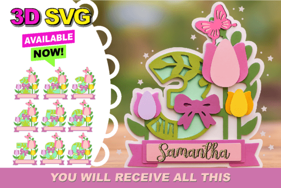 Tulips Flowers Numbers Topper 3D SVG